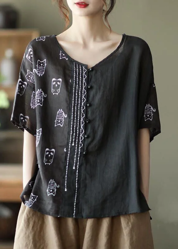 Plus Size Black Asymmetrical Character Print Cotton Top Half Sleeve