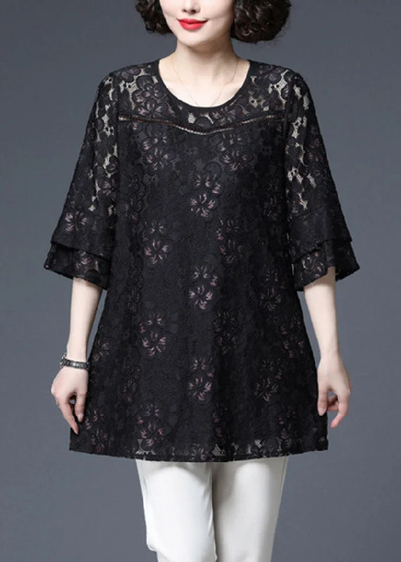 Plus Size Black O-Neck Embroideried Lace Top Half Sleeve