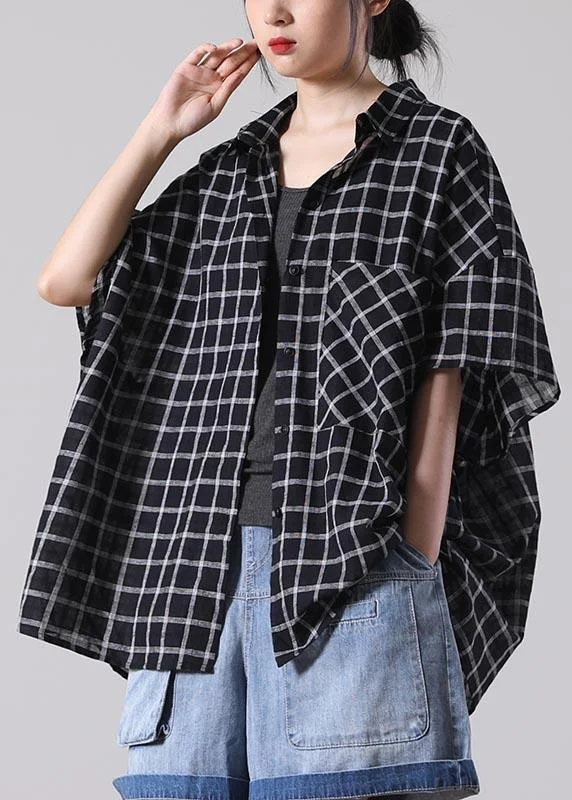 Plus Size Black Plaid Summer Cotton Button Half Sleeve Loose Tops