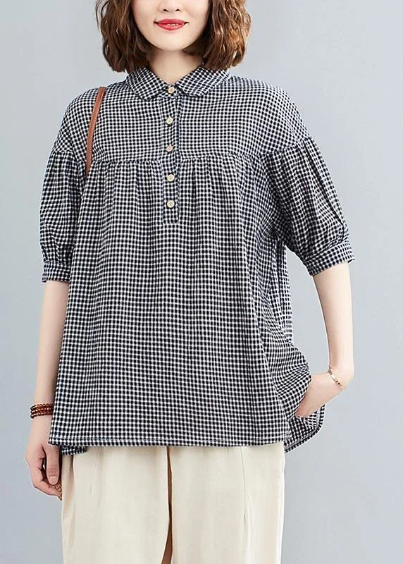 Plus Size Blue Plaid Button Cotton Linen Shirt Tops Summer