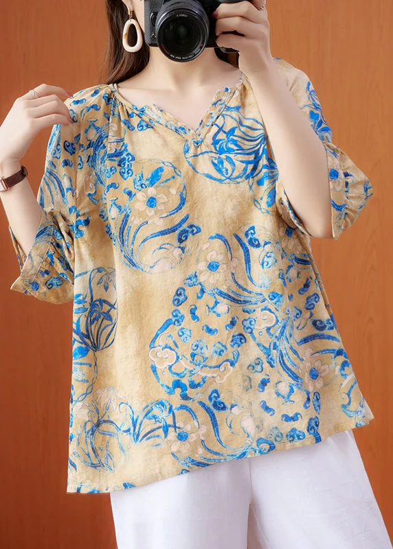 Plus Size Blue Print V Neck Linen Top Half Sleeve