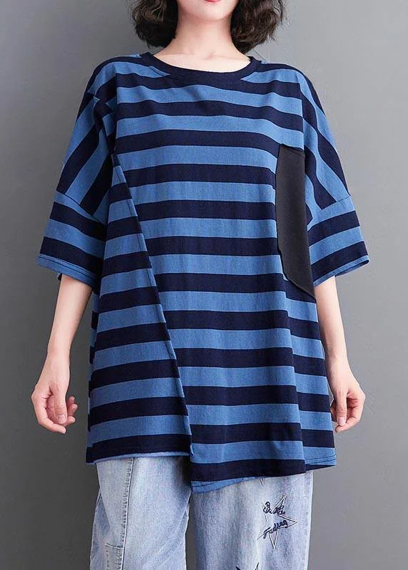 Plus Size Blue Striped O-Neck Cotton Tops Summer