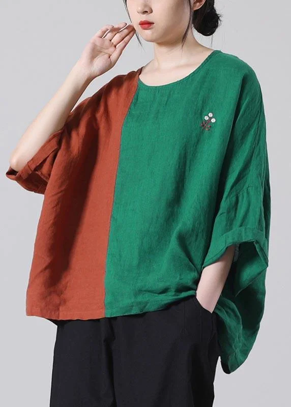 Plus Size Chocolate Patchwork Green O-Neck Summer Cotton Linen Tops