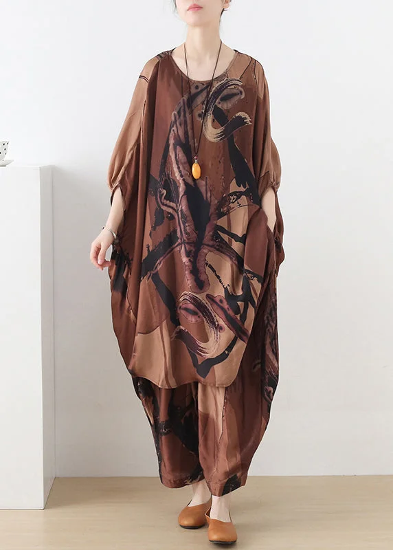 Plus Size Coffee O-Neck Asymmetrical Print Silk Two Pieces Set Batwing Sleeve