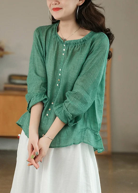 Plus Size Green Patchwork Ruffles Linen Blouses Long Sleeve