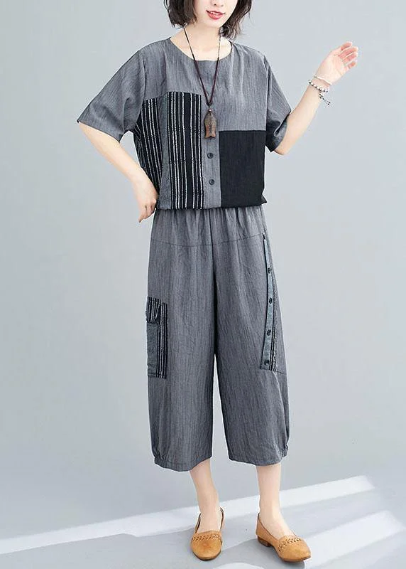 Plus Size Grey Patchwork Print Two Piece Set Women Clothing Summer Linen