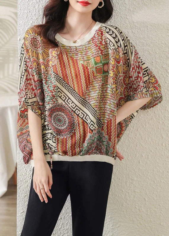 Plus Size O-Neck Print Chiffon Tops Half Sleeve