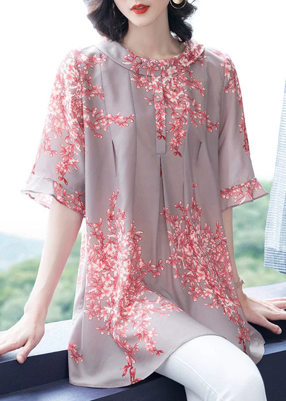 Plus Size Pink O-Neck Print Chiffon Top Flare Sleeve