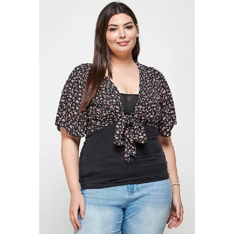 Plus Size Polyester Ditsy Floral Print Cropped Bolero Cardigan