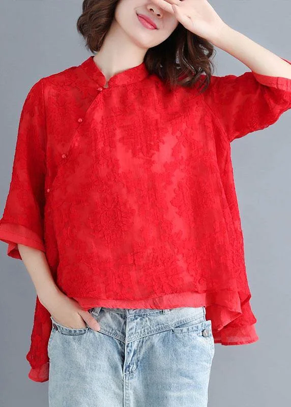 Plus Size Red Lace Three Quarter sleeve Oriental Loose Summer Top