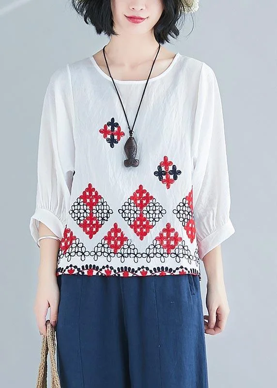 Plus Size White Embroideried Cotton Linen Shirt Tops Summer