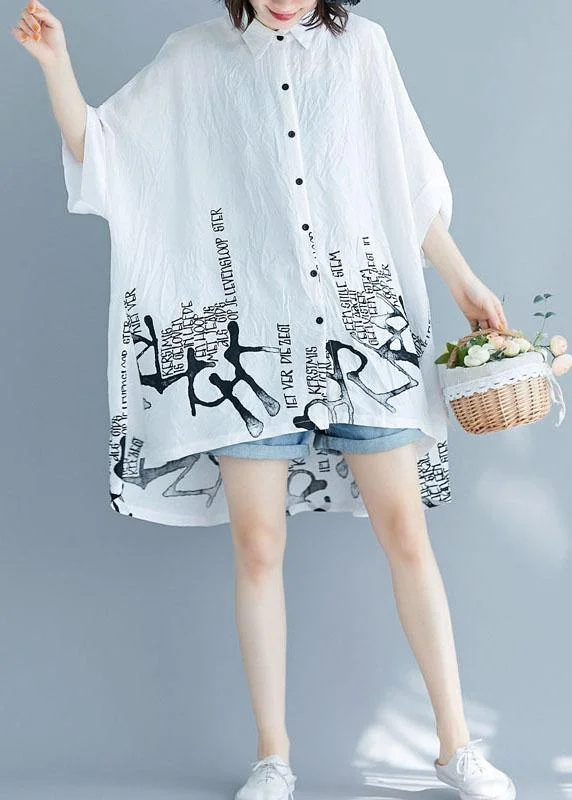 Plus Size White Graphic Peter Pan Collar Cotton Tops Summer