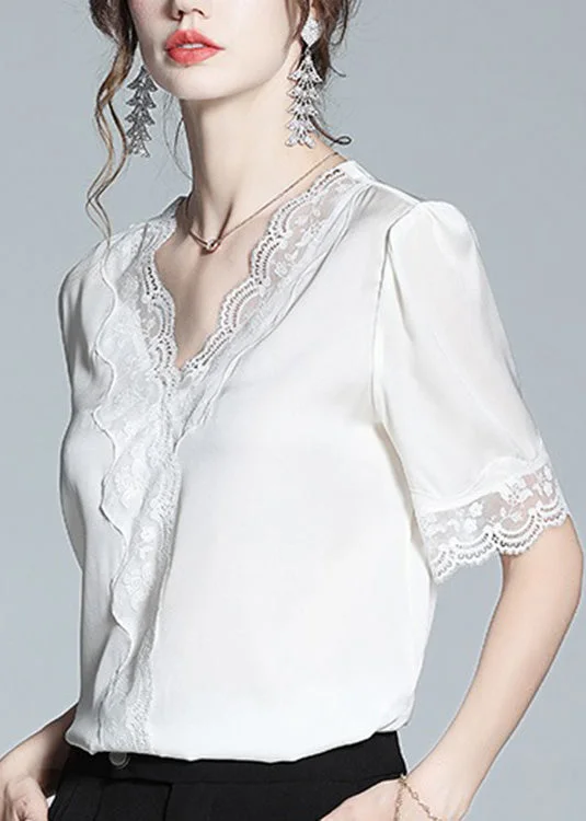 Plus Size White V Neck Lace Patchwork Silk Top Summer