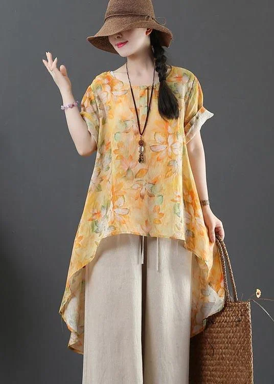 Plus Size Yellow Print Linen low high design Shirt Summer