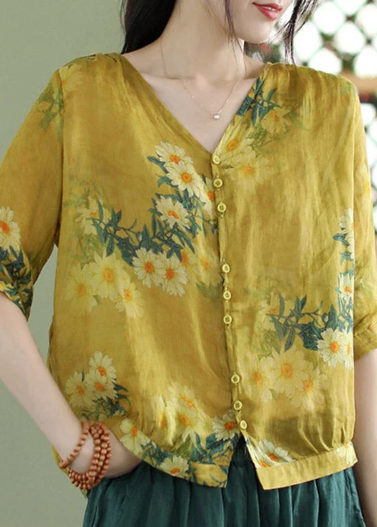 Plus Size Yellow V Neck Print Button Linen Shirt Half Sleeve