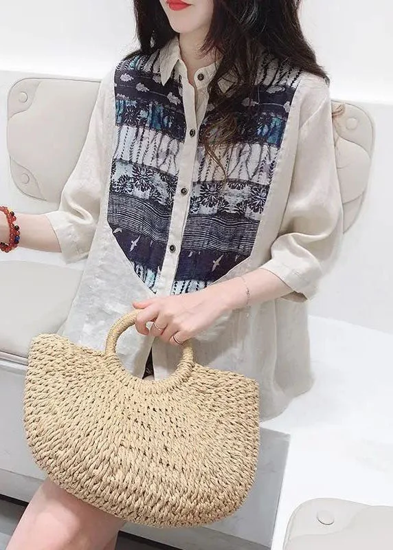 Unique White Oversized Patchwork Print Linen Shirt Top Half Sleeve