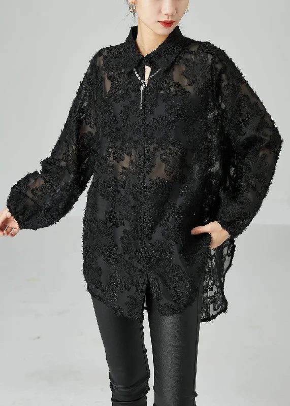 Women Black Peter Pan Collar Oversized Lace Long Shirts Summer