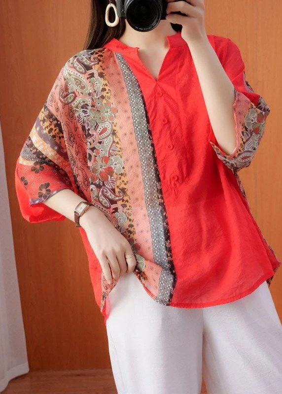 Women Red Oversized Print Cotton Blouse Tops Half Sleeve