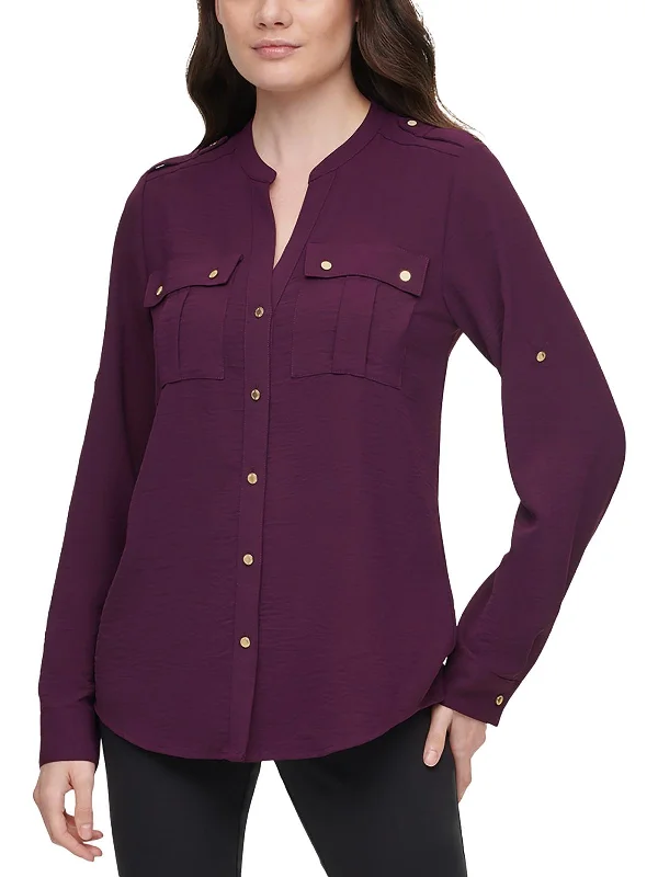 Womens Pocket Oversized Button-Down Top