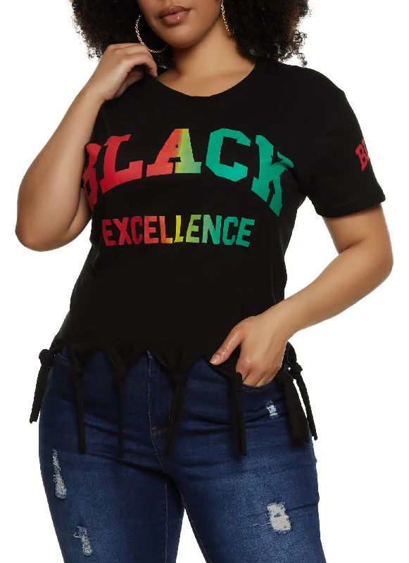 Plus Size Black Excellence Knot Fringe Tee