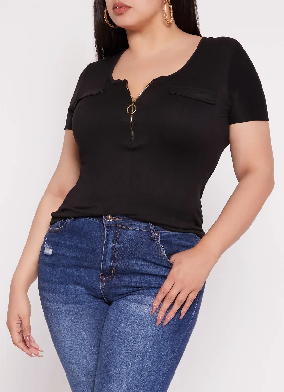 Plus Size Half Zip Faux Pocket Detail Top