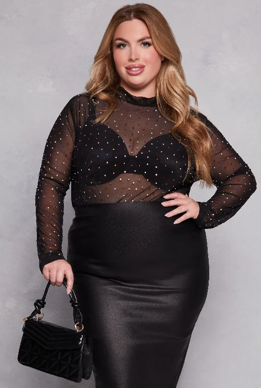 Plus Size Mesh Rhinestone Long Sleeve Top