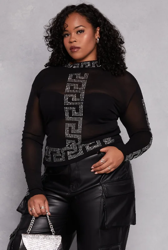 Plus Size Mesh Studded Greek Key Top