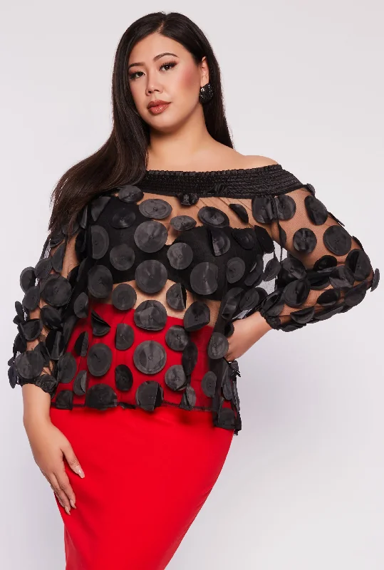 Plus Size Polka Dot Applique Off the Shoulder Blouse