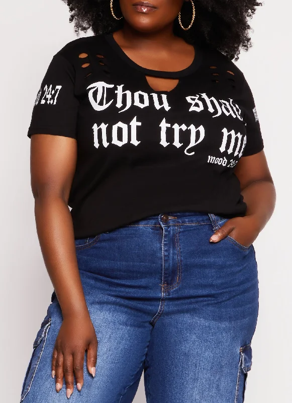 Plus Size Thou Shall Not Try Me Laser Cut Graphic Tee