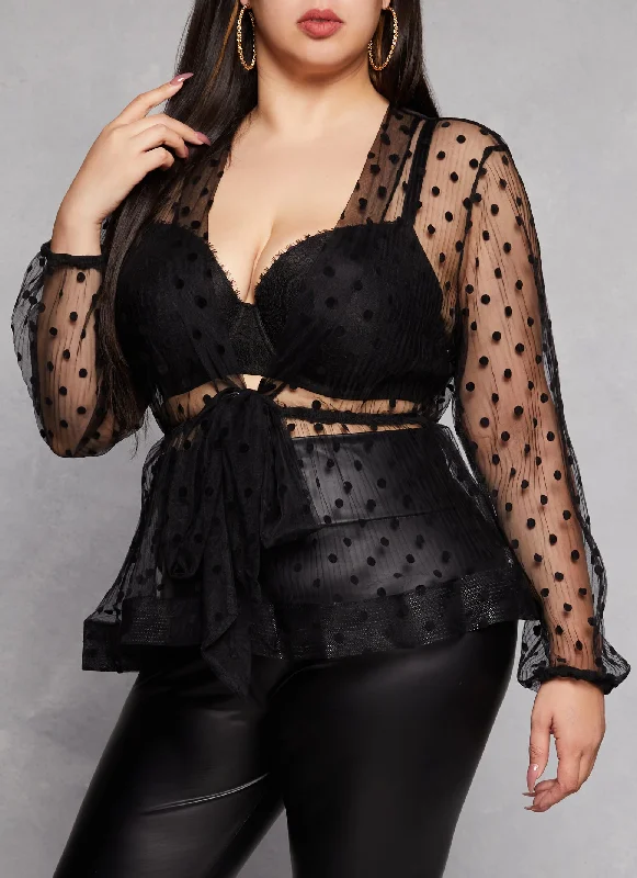 Plus Size Velvet Burnout Polka Dot Tie Waist Blouse