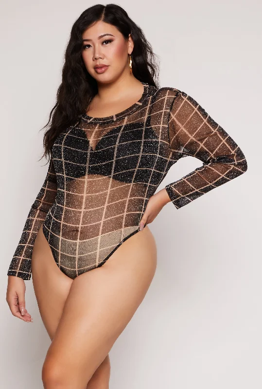 Plus Size Windowpane Sheer Bodysuit