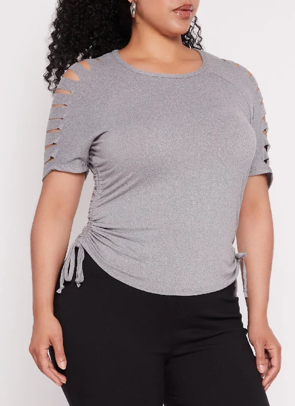 Plus Size Laser Cut Sleeve Ruched Sleeve T Shirt