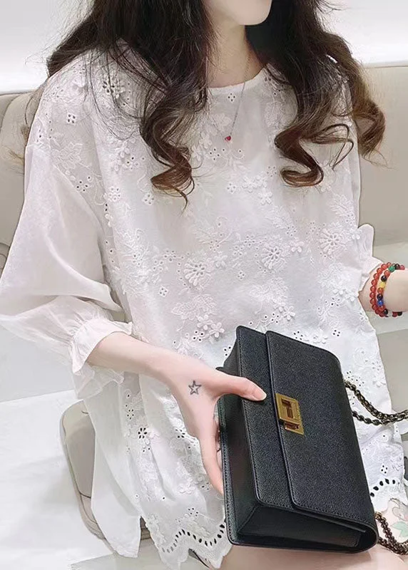 Plus Size White Jacquard Half Sleeve Cotton Blouse Top Summer