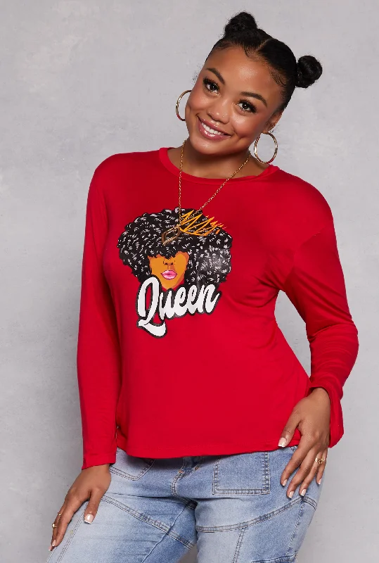 Plus Size Queen Graphic Long Sleeve Top with Necklace