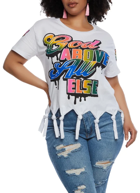 Plus Size God Above All Else Knot Fringe Tee