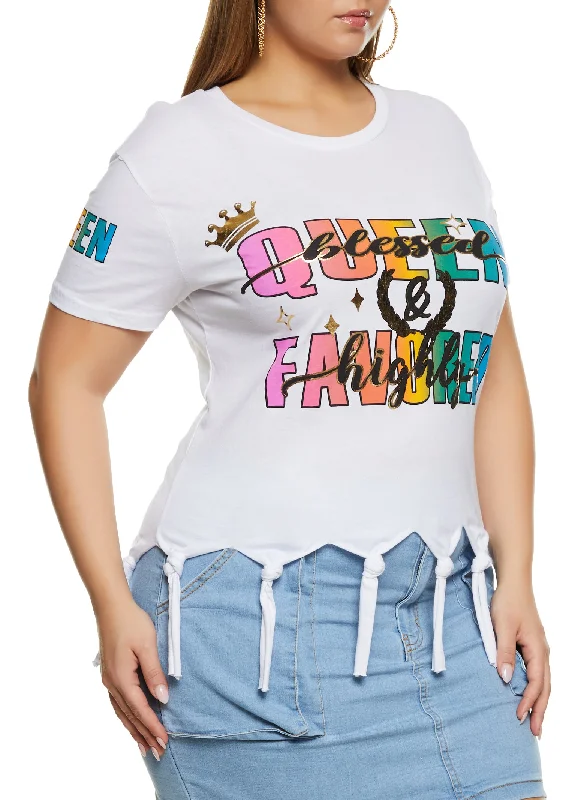 Plus Size Knotted Fringe Favored Glitter Graphic Tee