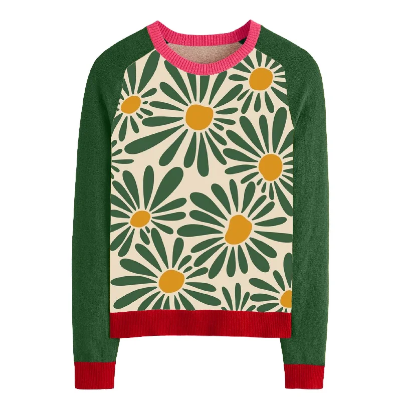 Women's green sunflower knit sweater