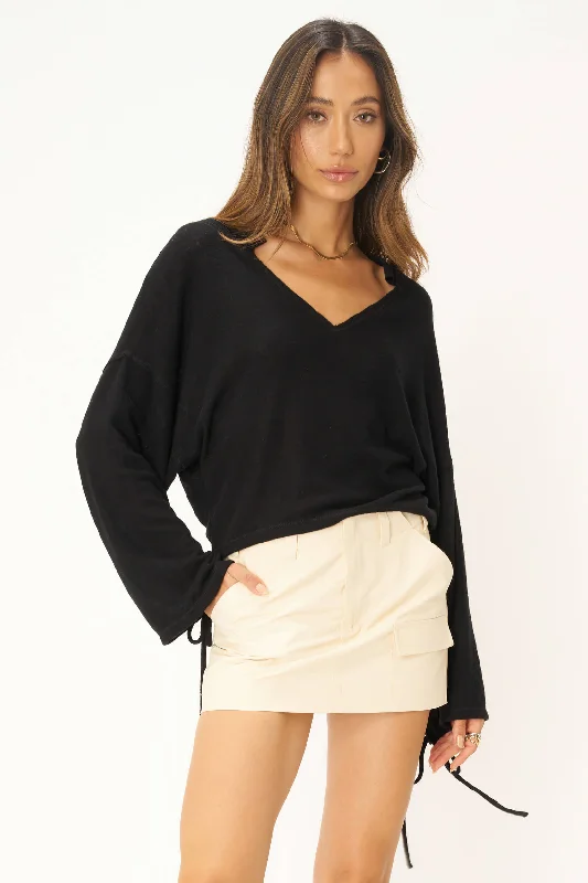 Celaya Notch Neck Cozy V Neck Long Sleeve - Black