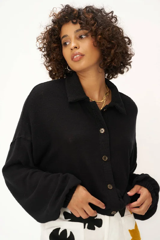 Ciara Collared Button Front Cozy Top - Black