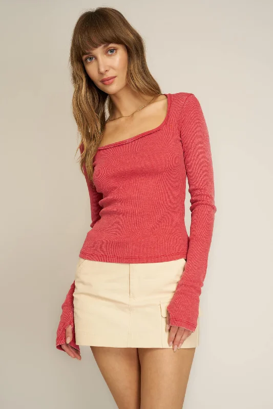 Kami Burnout Square Neck Long Sleeve - Red Dahlia