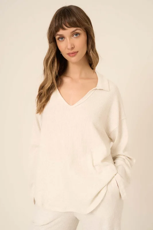 Zoey Brushed Rib Collared Long Sleeve - Oatmeal