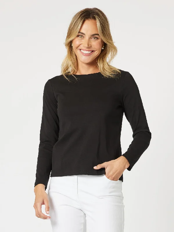 Crew Neck Cotton Rib Long Sleeve Top - Black