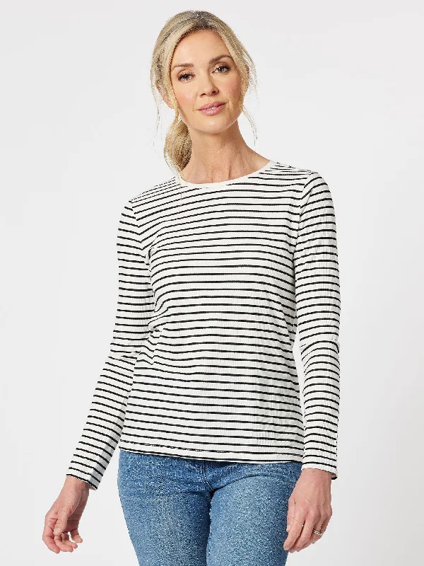 Rib Stripe Long Sleeve Top - Black