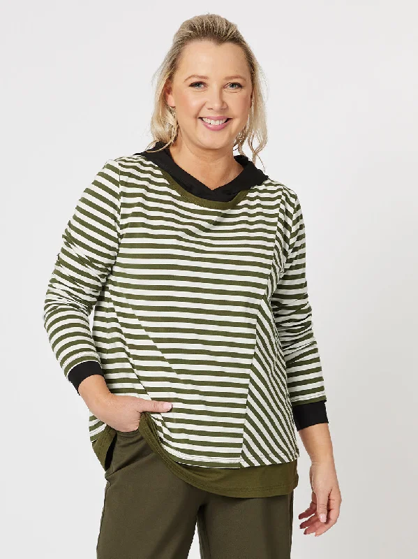 Sarah Stripe Long Sleeve Top - Khaki