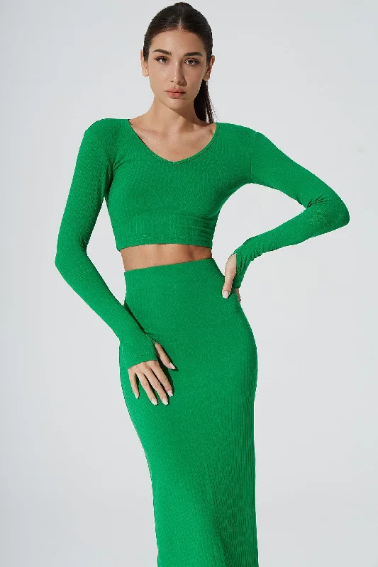 Zeya Knitted Long Sleeve Crop Top - Fern Green